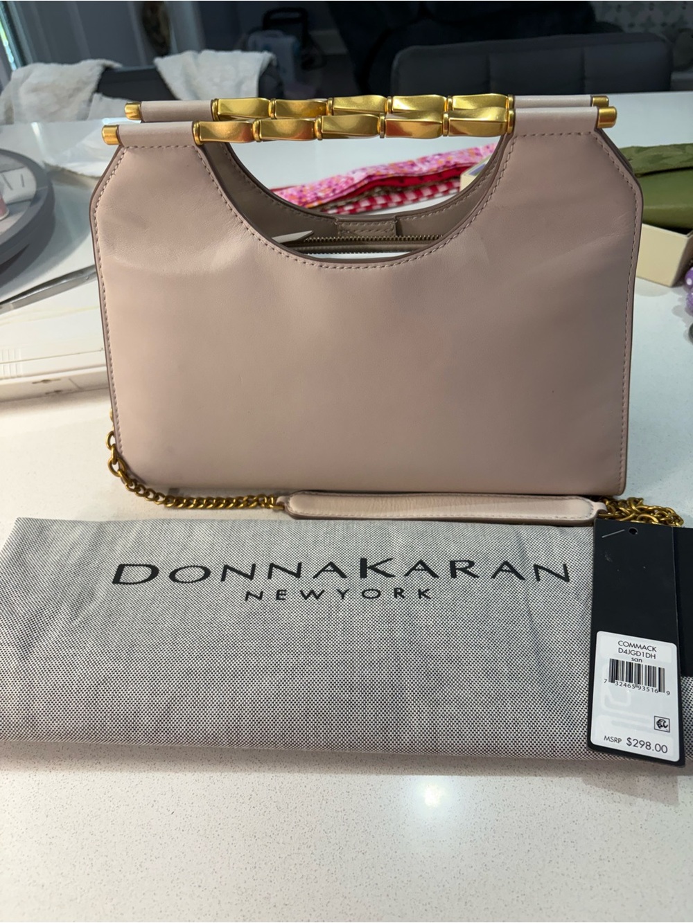 Donna Karan Blush Leather Shoulder Bag with Gold Chain Handle NWT